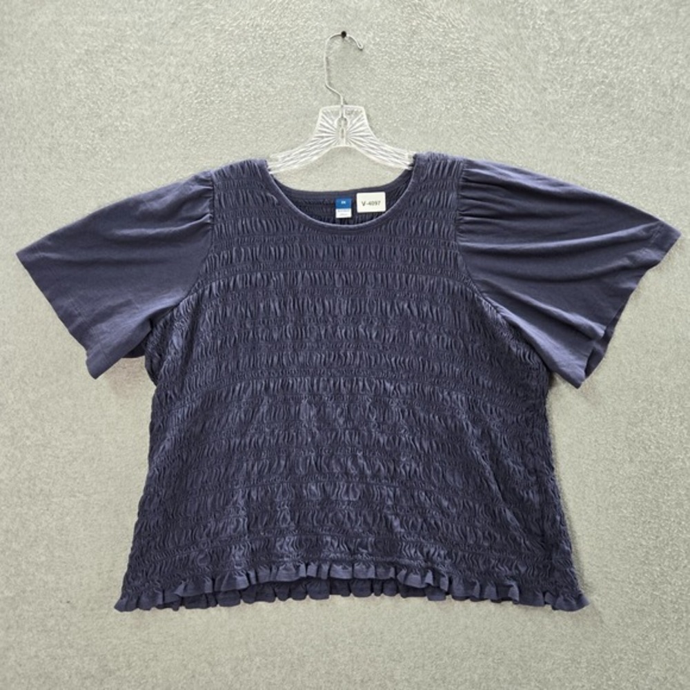 Old Navy Women Top 2x Blue Smocked Shirt Short Sleeve Crew Neck
